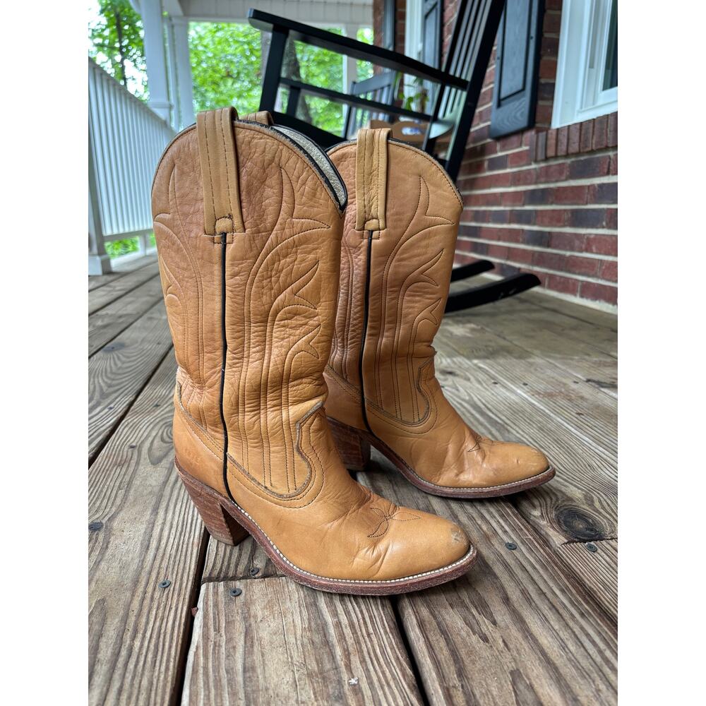 Vintage Frye Tan Western Boots Size 8 - Cowboy Cowgirl  Boots - Picture 4 of 8